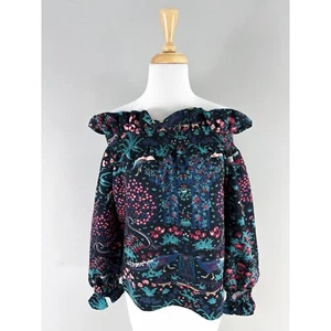 Tuckernuck Midnight Garden Marguerite Off Shoulder Blouse Small Peacock Floral - Picture 1 of 3