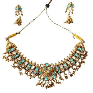 India Style Bollywood Light Blue Rhinestone Necklace/Earring Set - Gold Tone - Bild 1 von 8
