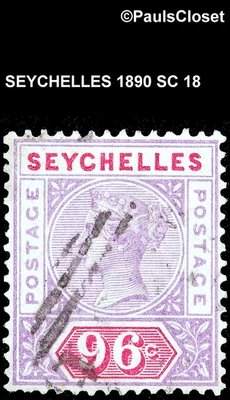 SEYCHELLES 1890 SC 18 REINA VICTORIA 96¢ VIO & CARM USADO F/VF Foto 1 de 2