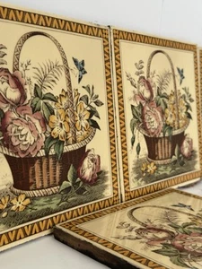 Rare Set Antique Victorian Floral Basket Tiles Hand-Colored Transferware c1880s - Picture 1 of 13