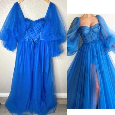 Royal Blue Mesh Gown Dress Size 12 Fairy Regency Wedding Prom Formal Red Carpet - Image 1 of 4