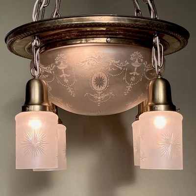 Vintage Antique 1910s Pan Chandelier With Starburst Wheel Cut Shades - Restored! - Image 1 of 4