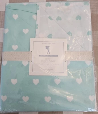 Edredón doble Pottery Barn Kids 100 % algodón orgánico corazón aguamarina/blanco reversible Foto 1 de 3