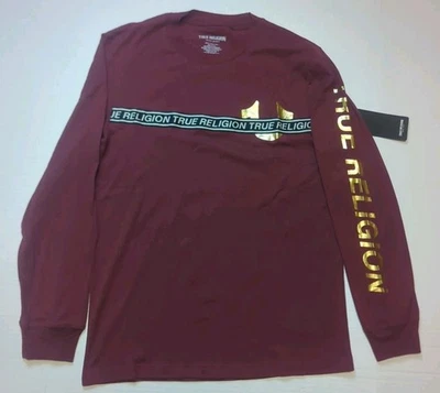 New True Religion Men's T-shirt Size Small Burgundy Gold Foil Logo  Horseshoe Tr - Image 1 of 4