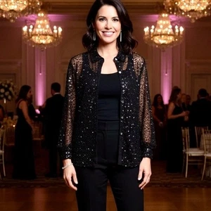 Chicos Design schwarz Pailletten Perlen transparent Langarm Bluse Größe Small 90er Y2K - Bild 1 von 9