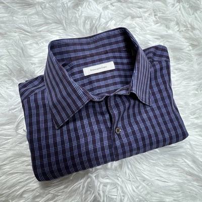 Ermenegildo Zegna Current Long-Sleeve Dress Shirt Blue Merlot Plaid Check Men XL - Image 1 of 4