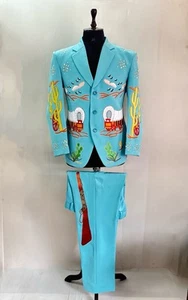 Men Blue 2Pc Customized Vintage Western Suit Cactus Embroidered Cowboy Wear Set - Picture 1 of 11