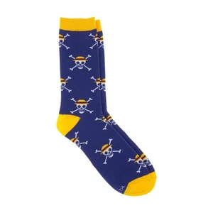One Piece Mens Crew Socks - Luffy's Straw Hat Jolly Roger OSFM Blue & Yellow - Picture 1 of 5