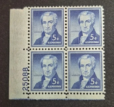 1954 US Stamp Scott #1038 James Monroe 5cents Plate Block of 4 MNH OG - Image 1 of 2