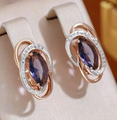 Luxus Ohrringe Creolen 585er Rolled Roségold Walzgold mit Lila Zirkon Damen 3,6g - Bild 1 von 4