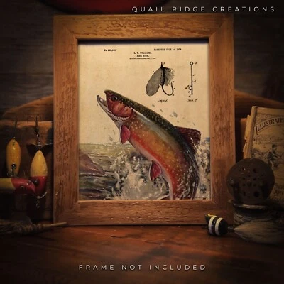 Señuelo de pesca con mosca vintage impresión artística de patente 8X10 trucha de arroyo peces cabaña decoración de pared Foto 1 de 4