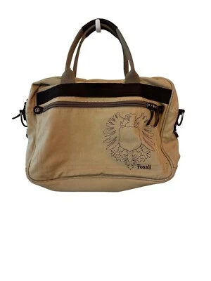 Vintage NWT Fossil Canvas Laptop Messenger Bag Embroidered Crest Design Tan - Image 1 of 4