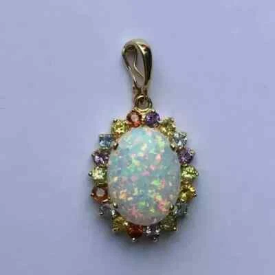 Colgante solitario de ópalo de fuego natural de corte ovalado de 5 quilates para mujer enchapado en oro amarillo de 14 quilates Foto 1 de 4