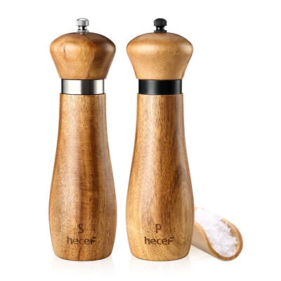 2Pcs Salt and Pepper Grinder Set Acacia Wood 21cm Adjustable Ceramic Spice Mill - Image 1 of 4