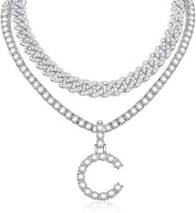2PCS Silver Initial Cuban Link Chain for Women Layered Diamond Tennis Necklace I - Picture 1 of 1