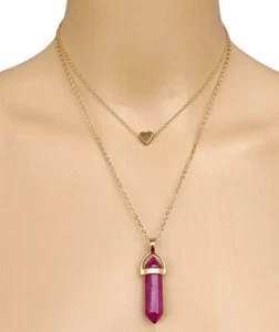 Layered Purple Jasper Healing Crystal & Heart Gold-Tone Point Pendant Necklace - Picture 1 of 8