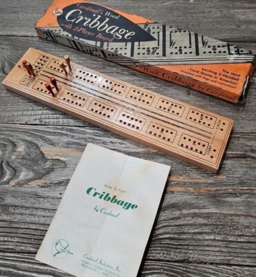 Vintage Cardinal Wood Cribbage 2 Player Board Game 6 Pegs USA Orig Box - Image 1 of 4