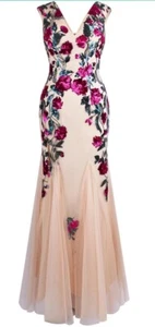 ANGEL FASHIONS Women's Deep V Neck Rose Sequin Sheath Prom.M Party Elegant beige - Picture 1 of 24