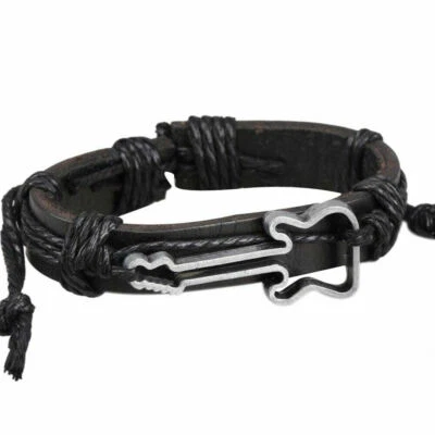 Bracciale uomo donna unisex di pelle cuoio marrone con chitarra regolabile NUOVO - Immagine 1 di 4