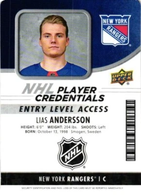 2018-19 Upper Deck MVP Lias Andersson NHL Player Credentials Entry Level #NHL-LA - Image 1 of 2