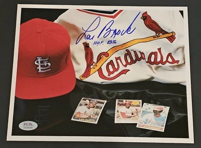 LOU BROCK Signed 8x10 Photo-HALL OF FAME-ST. LOUIS CARDINALS-PSA - Image 1 of 3
