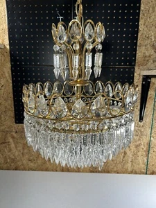 Vintage Antique Crystal Chandelier Gold With Beautiful Prisms And Teardrops - Picture 1 of 5