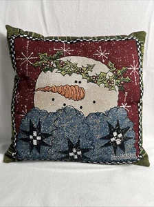 Lisa Hilliker Snowman Winter Pillow Vintage Red Green Tapestry Mohawk USA EUC - Picture 1 of 12