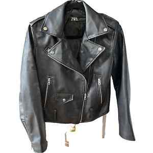 Zara Faux Leather Moto Jacket Black Motorcycle Zip Jacket Girls Medium Grunge