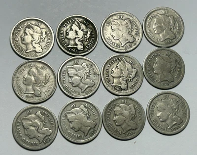 1865 TO 1881 THREE CENT NICKEL LOT / 12 COINS - SEE DESCRIPTION FOR DATES - Image 1 of 2