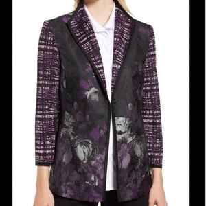 Ming Wang Women's Sz M Purple Floral Jacquard Knit Sleeve Open Front Jacket - Picture 1 of 8