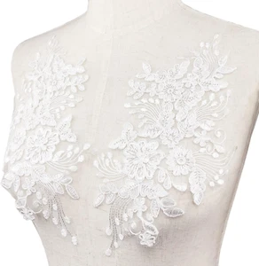 1 Pairs Flower Embroidery Lace Applique White Car Bone Floral Embroidered Sew on - Picture 1 of 7