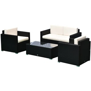 4 Piece Patio Outdoor Furniture Set Rattan Wicker Sofa with 2 Chair Coffee Table - Picture 1 of 20