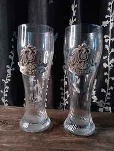 Tall Germany Pilsner Twisted Glass Set Of 2 Deutschland Crest Metal Logo - Picture 1 of 6