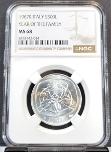 1987 ITALY SILVER 500 LIRE YEAR OF THE FAMILY NGC MS 68 BEAUTIFUL GEM TOP POP 1 - Picture 1 of 3