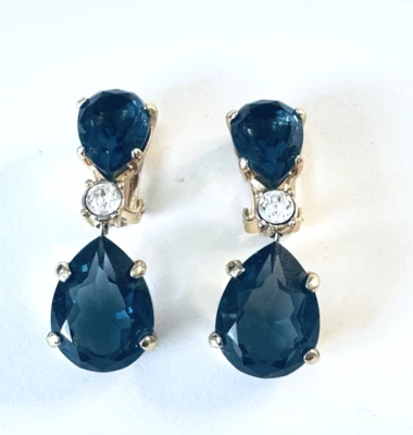 迪奥复古镀金蓝色玻璃水钻吊坠耳环 — 第 1/4 张图片