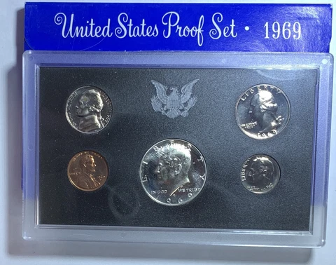 1969-S US Mint Annual 5 Coin Proof Set Original Box with Silver Kennedy Cover