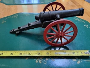 Vintage Cast Iron Cannon Toy Red Wagon Wheels 1:12 Scale Metal Barrel Moves Nice - Picture 1 of 8