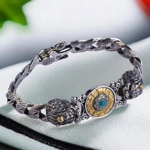 Brazalete Pixiu Plata 925 Amuletos Dije Tallado Vintage Jade Natural Real - Imagen 1 de 6