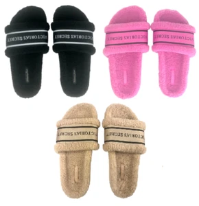 VICTORIA’S SECRET SOFT SHERPA PLUSH LOGO SLIPPERS SLIDES BLACK PINK S M L NWT - Picture 1 of 4