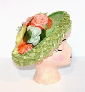 VTG Ladies Millinery Flower Hat Multi-Color Lime Green Mesh Ribbon Spring Easter - Picture 1 of 8