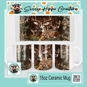 Taza de café de cerámica ciervos vida silvestre bosques caza 15 oz sublimada a mano - Imagen 1 de 4