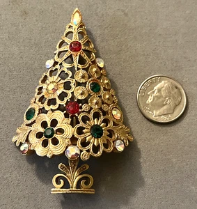 Vintage MYLU Blumenmotiv Weihnachtsbaum Urlaub bunte Strass Anstecknadel Brosche - Bild 1 von 7