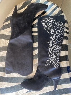 Stewart Weitzman High Boots Black Silk Suede Size 6.5 Bling Victorian Coquette - Image 1 of 4