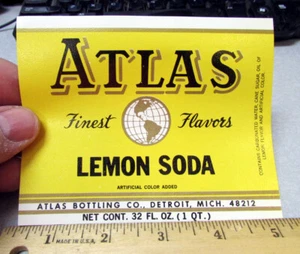 Vintage Original UNBENUTZTES Etikett Atlas Lemon Soda, abgefüllt in Detroit Michigan - Bild 1 von 1