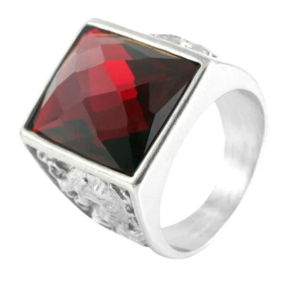 Anillo de boda clásico de acero inoxidable con patrón de dragón de circonita roja para hombre y mujer Foto 1 de 2