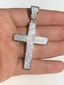 Pendant Real Solid 925 Silver Large Cross 1ct Moissanite GRA Certified - Picture 1 of 6