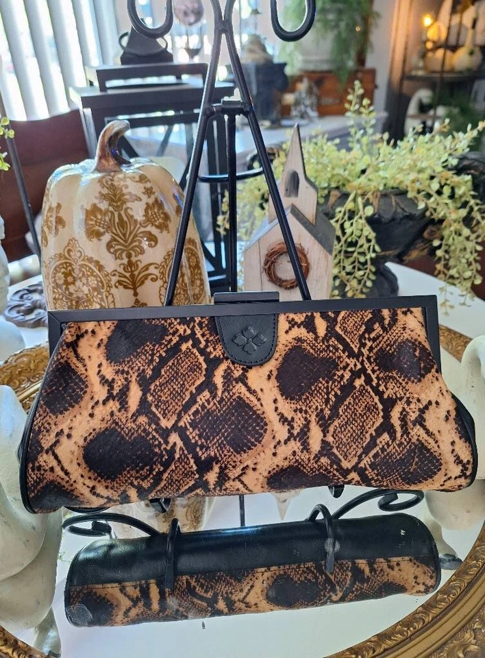 Patricia Nash Athena Python Calf-hair Black Italian Leather Clutch Shoulder Bag