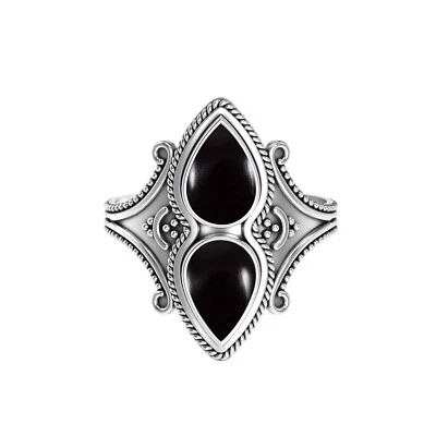Anello Donna In Argento Sterling 925 Fatto A Mano Con Gemma Onice Nera - Immagine 1 di 4