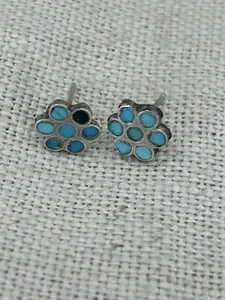 Pendientes DE COLECCIÓN Nativos Americanos Plata Turquesa Incrustaciones Flor - Imagen 1 de 8