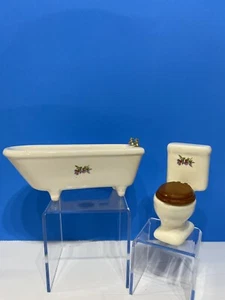 VINTAGE MINIATURE DOLLHOUSE BATHROOM Floral Tub And Toilet Set - Picture 1 of 9